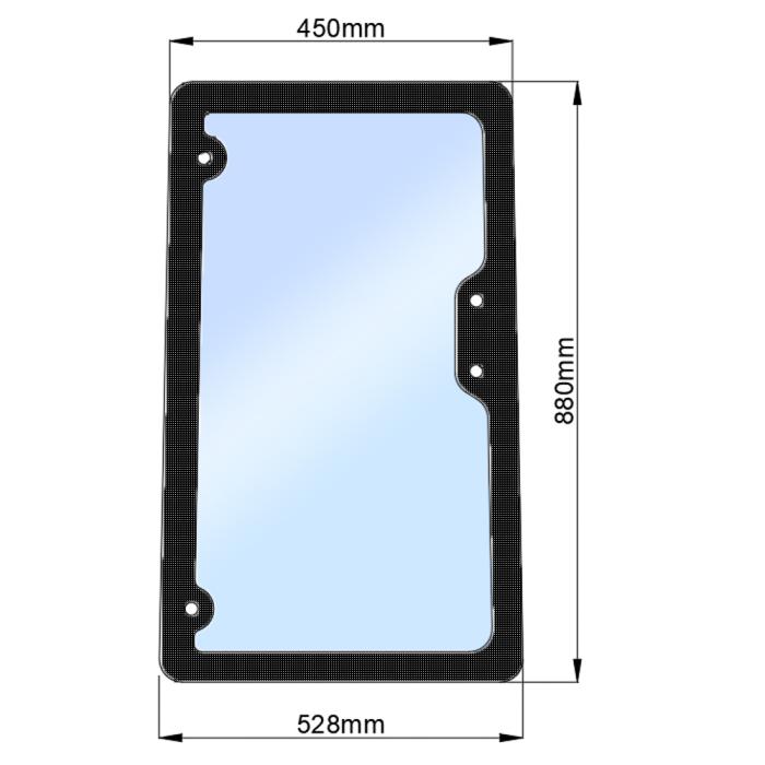 Стекло боковое правое ДТЗ 504 (h=888, L=450x528)